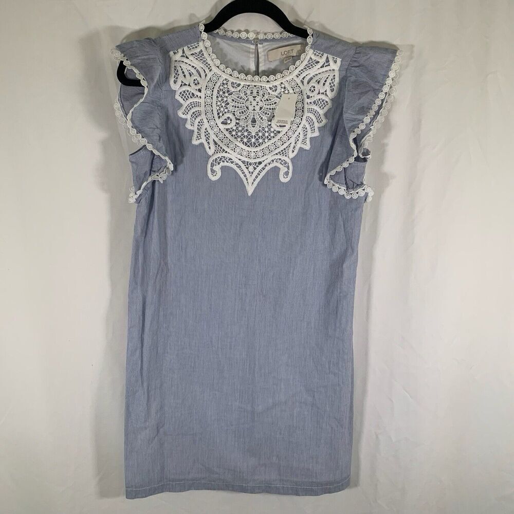 New Loft Knee Length Dress Women's XS Blue Striped Short Sleeve Lace Lightweight